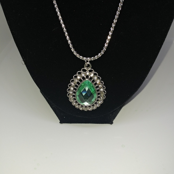 Silvertone Crystal Green Teardrop Necklace - Picture 3 of 5